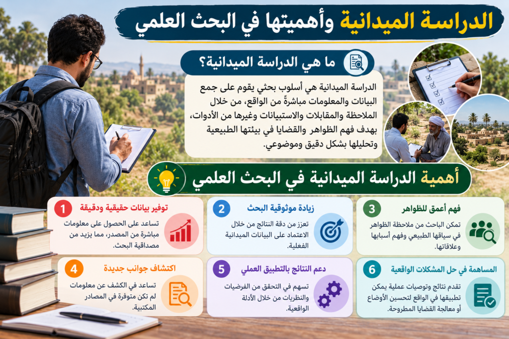 باحث ميداني يحمل لوح ملاحظات ومكبّرة بجانب منازل ومربعات بيانات ترمز للمجتمع المدروس
