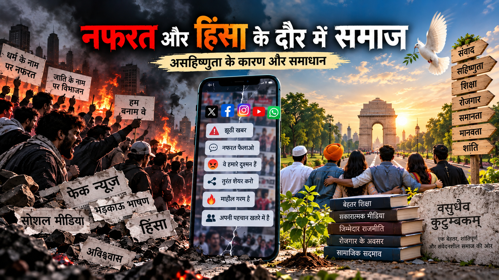 नफरत, हिंसा और असहिष्णुता के दौर में सोशल मीडिया और समाज का प्रतीकात्मक चित्रण